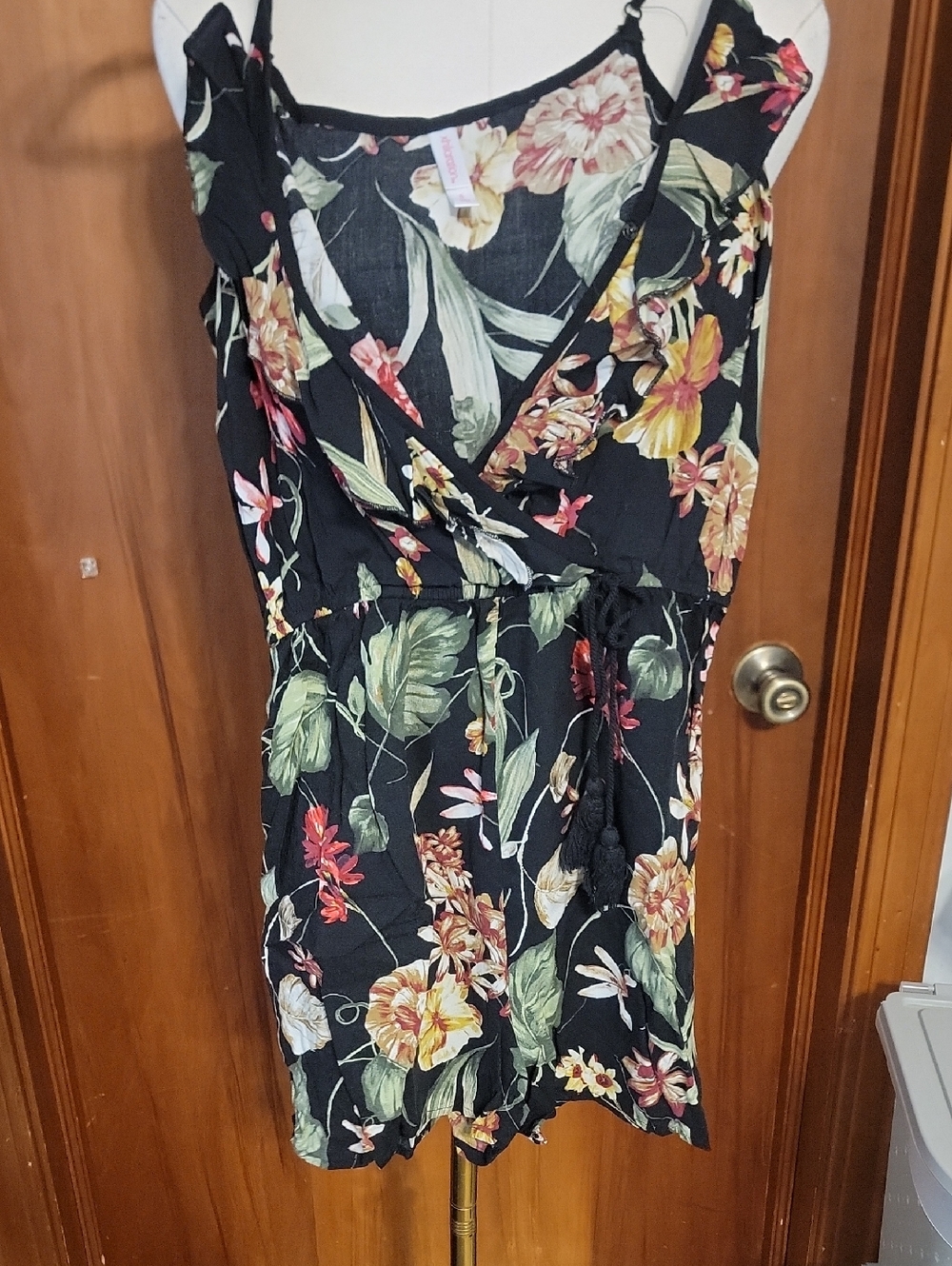 Floral Black Sleeveless Wrap-Front Romper